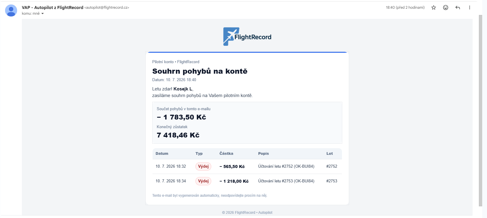 E-mailová notifikace FlightRecord se souhrnem pohybů na kontě pilota