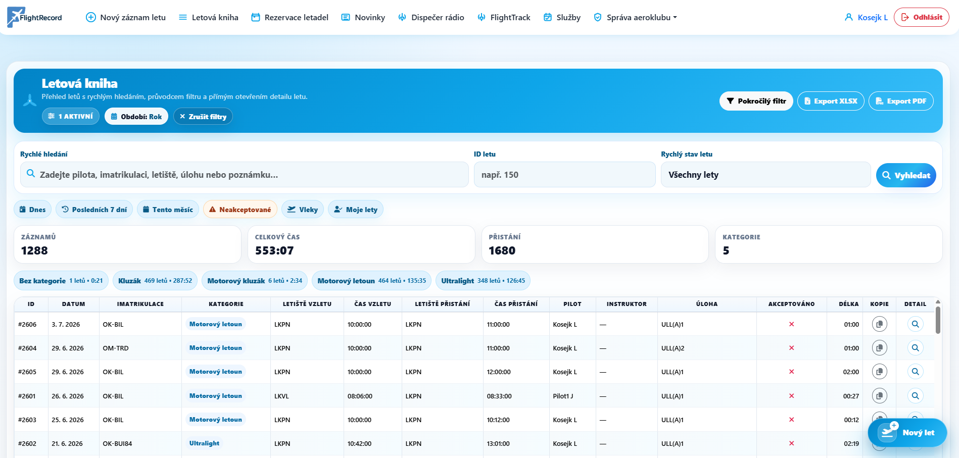 FlightRecord letová kniha, filtry, souhrny a exporty pro aeroklub