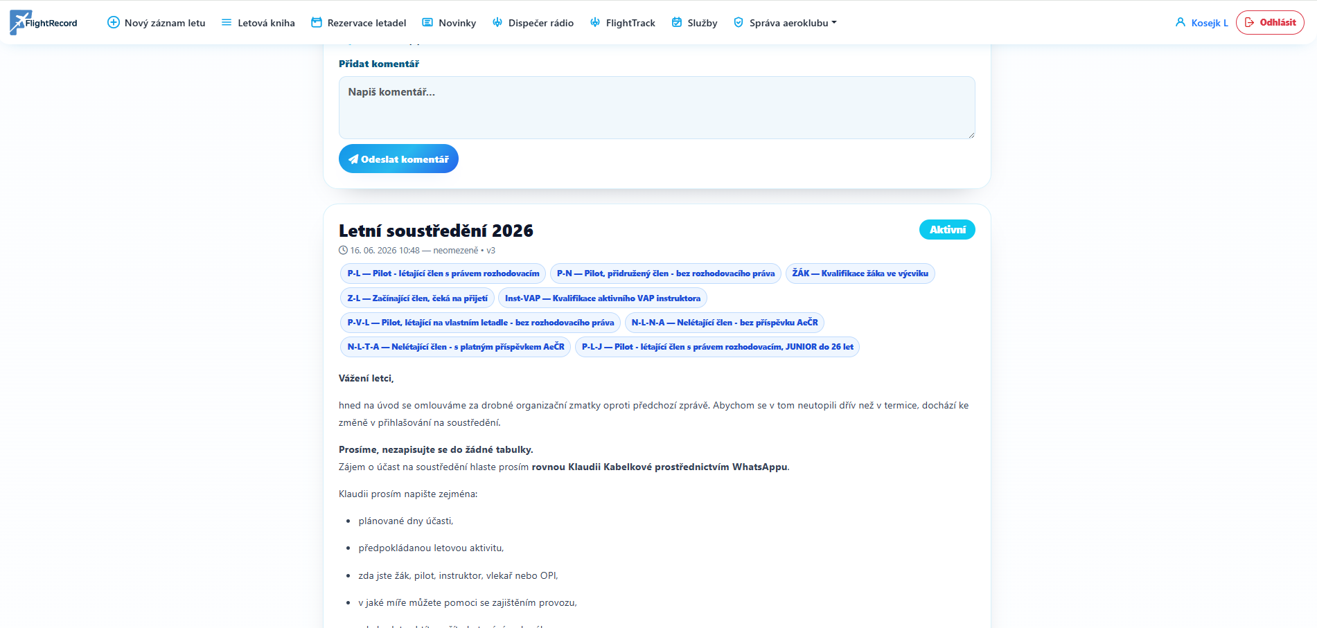 Novinky aeroklubu ve FlightRecordu
