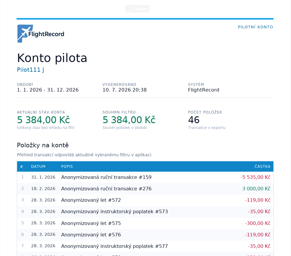 FlightRecord PDF export pilotního konta s přehledem transakcí